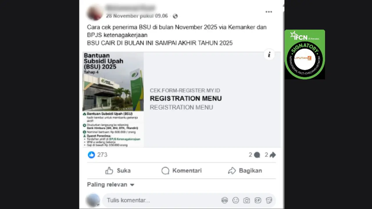 Beredar klaim tautan untuk mengecek BSU 2025 via Kemenaker di Facebook. Cek faktanya...