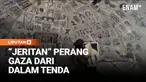 Sebuah galeri sederhana berdiri di dalam tenda pengungsian di Gaza City, Jalur Gaza bagian utara. Dinding kain yang dulu menjadi tempat berlindung keluarga pengungsi kini dipenuhi puluhan lukisan hitam-putih bergaris tegas.