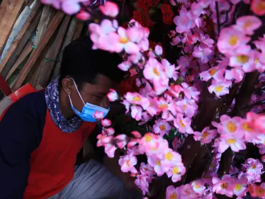 Pedagang saat membuat pohon bunga Meihua di salah satu toko Asemka, Glodok, Jakarta, Rabu (3/2/2021). Bunga Meihua ini hanya ada saat perayaan imlek setiap tahunnya. Harga bunga ini dijual dengan kisaran harga mulai Rp200 ribu hingga Rp400 ribu. (Liputan6.com/Johan Tallo)