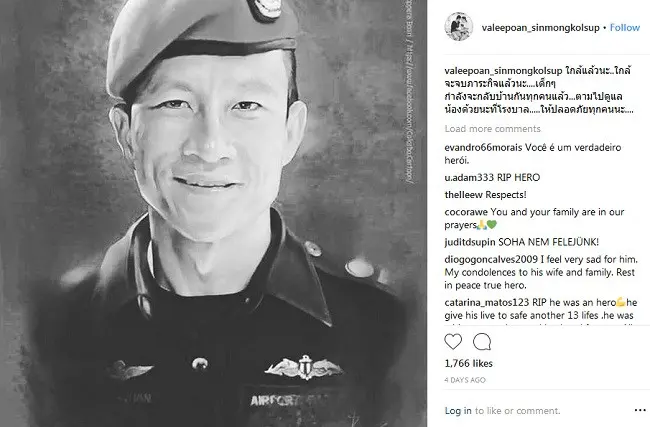 Saman Kunam meninggal dalam misi penyelamatan di gua Thailand karena kehabisan oksigen. (Instagram Valeepoan Kunan)
