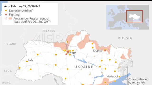 Grafis yang dipublikasikan AFP menunjukkan daerah-daerah yang diserang Rusia pada Februari 2022, termasuk Kyiv di mana Rusia harus melewati perbatasan Belarus untuk ke sana. (Dok. Agence France-Presse via Twitter)