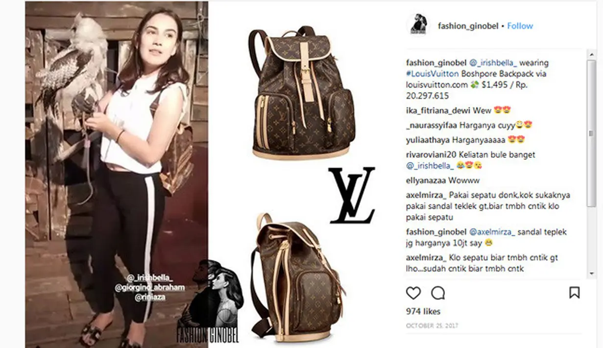 Wanita yang sering berpenampilan sederhana ini juga gemar memakai ransel. Dan koleksi ransel milik Bella yang merknya Louis Vuitton ini harganya $1,495 atau Rp. 20.297.615. (Instagram/_irishbella_)