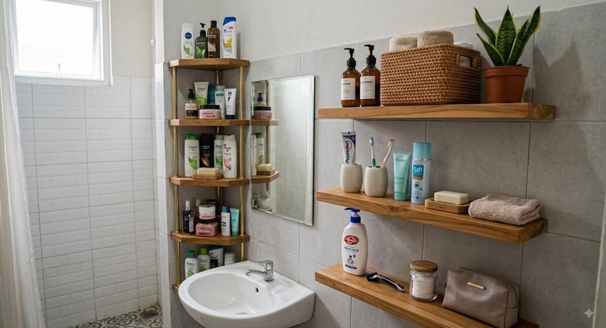 Model Rak Kamar Mandi untuk Menyimpan Banyak Barang Tanpa Terlihat Penuh (AI generated)