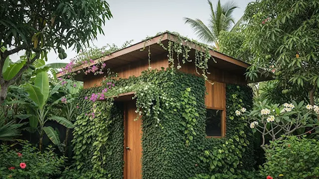 Rumah Kayu dengan Tanaman Rambat