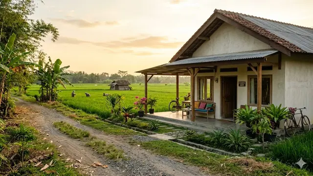 Contoh Rumah Sederhana di Desa Dekat Persawahan dan Jalan Desa