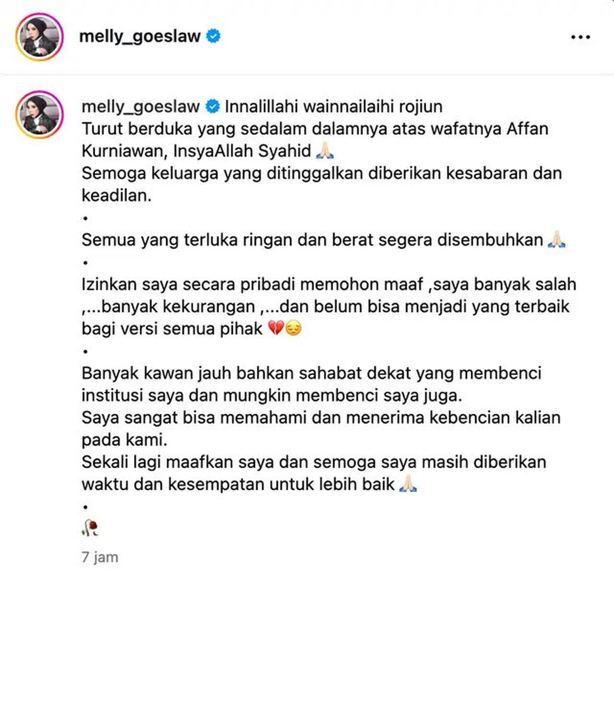 Melly Goeslaw Minta Maaf Setelah Affan Kurniawan Tewas Dilindas Rantis Brimob: Saya Banyak Salah...