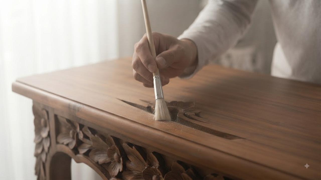 Cara Menghilangkan Debu dari Furnitur Berukir Langkah Ketiga dengan Menggunakan Kuas Lembut untuk Menjangkau Celah Ukiran