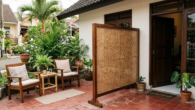 Inspirasi sekat teras dari material alami untuk rumah mungil model sekat rotan dengan pembatas teras