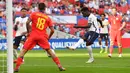 Inggris langsung menekan Andorra di awal laga. Pada menit ke-14 peluang pertama di peroleh tim Tiga Singa melalui Bukayo Saka. Menerima umpan tarik Jude Bellingham, sepakannya masih melebar dari gawang Andorra. (Foto: AFP/Justin Tallis)