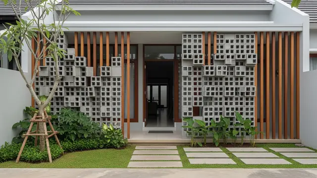 Kombinasi Roster dan Kayu untuk Fasad Rumah Minimalis (AI)