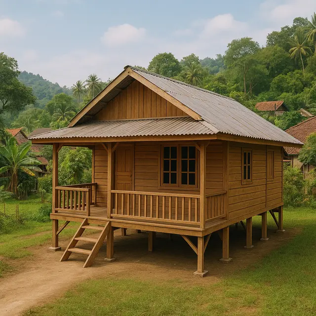 Rumah Kayu Sederhana Ukuran 6x9 di Kampung yang Indah dan Bikin Betah