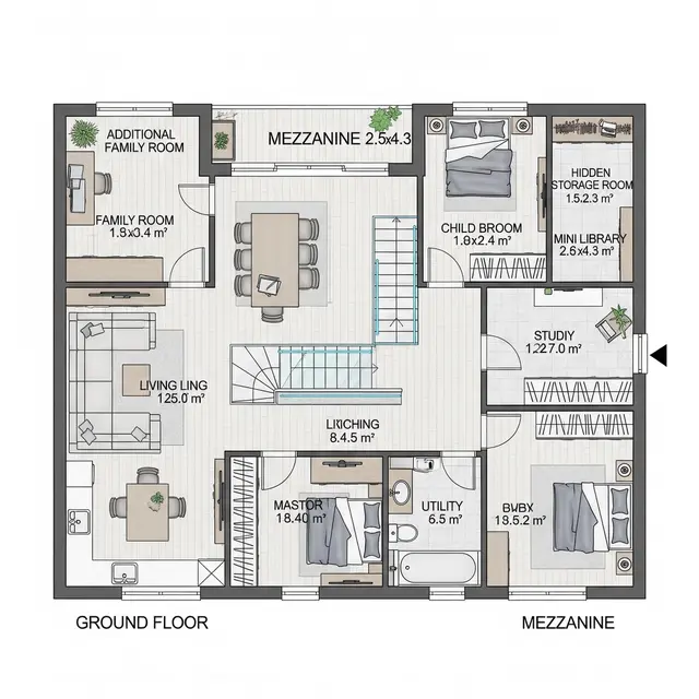 Denah Rumah 7x10 dengan Mezzanine dan Gudang Rahasia (Image by Gemini AI)