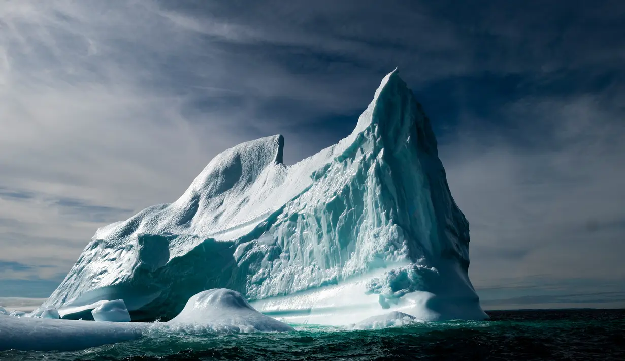 Gunung es terapung terlihat di Teluk Bonavista, Newfoundland, Kanada, 29 Juni 2019. Gunung es tersebut dapat mengapung karena terbentuk dari air tawar sehingga kepadatannya lebih rendah dari air laut. (Johannes Eisele/AFP)