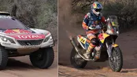 Stephane Peterhansel (kiri) dan Sam Sunderland, juara kategori mobil dan motor Reli Dakar 2017. (Bola.com/Twitter/NLAmericanas)