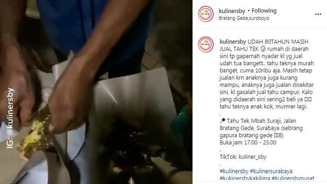 Tahu tek Mbak Suraji yang berusia 80 tahun ramai dibeli para pengunjung (dok.instagram/@kulinersby/https://www.instagram.com/p/CHNWOP6F_HS/Komarudin)