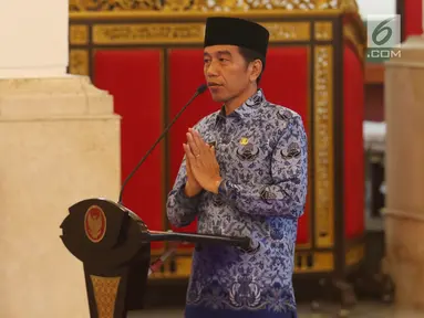 Presiden Jokowi membuka Rapat Kerja Nasional Korps Pegawai Republik Indonesia (KORPRI) di Istana Negara, Selasa (26/2). Jokowi meminta seluruh aparatur negara mampu merespons perkembangan teknologi yang berjalan sangat cepat. (Liputan6.com/Angga Yuniar)
