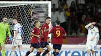 Oihan Sancet dari Spanyol, tengah, merayakan setelah mencetak gol kedua kru pada pertandingan sepak bola kualifikasi grup A Euro 2024 antara Spanyol dan Skotlandia di stadion La Cartuja di Seville, Spanyol, Kamis, 12 Oktober 2023. (AP Photo/Jose Breton)