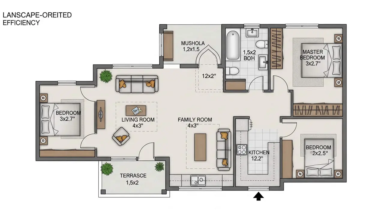 Denah Desain Rumah 8x12 dengan 3 Kamar dan Mushola
