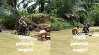 Potret Dedikasi Tinggi Seorang Guru di Indonesia, Motor Naik Rakit Demi Pergi Mengajar ( Instagram @undercover.id)