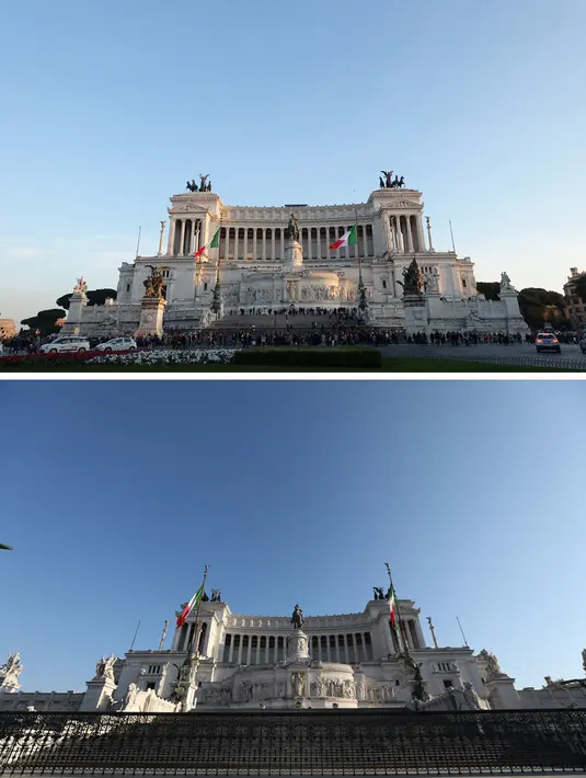 Pemandangan Piazza Venezia pada 4 Maret 2019 (atas) dan 16 Maret 2020 di Roma, Italia. Isolasi wilayah atau lockdown secara nasional telah diberlakukan sejak 10 Maret hingga 3 April mendatang demi menghentikan penyebaran virus corona COVID-19. (Xinhua/Cheng Tingting)