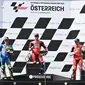 Pembalap Ducati, Andrea Dovizioso, berhasil meraih podium juara pada MotoGP Austria di Sirkuit Red Bull Ring, Minggu (16/8/2020) malam WIB. (AFP/Joe Klamar)