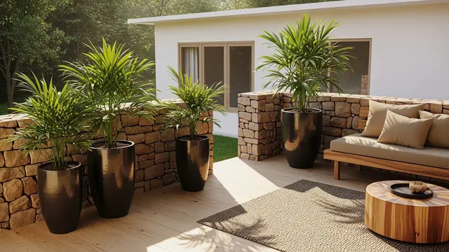 Model Teras dengan Batu Alam dan Palem Kipas untuk Rumah Type 36/AI Generated