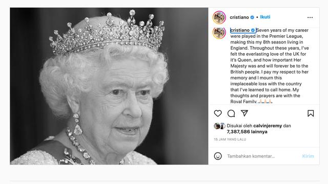 Unggahan Cristiano Ronaldo terkait meninggalnya Ratu Elizabeth II. (Foto: Dok. Instagram @cristiano)