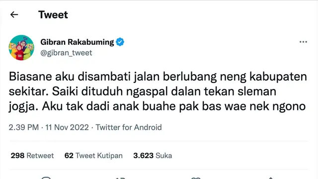 Cuitan Gibran Rakabuming. (Foto: Dok. Twitter @gibran_tweet)