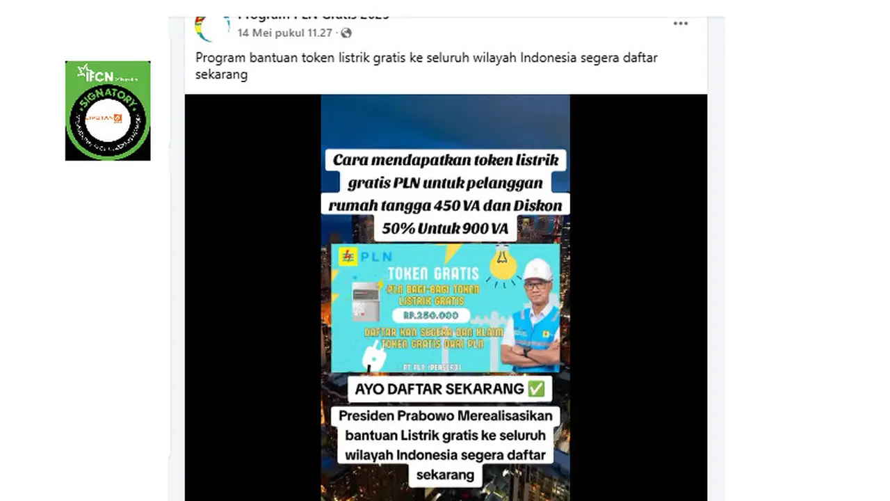 Tangkapan layar  klaim link pendaftaran token listrik gratis untuk seluruh Indonesia
