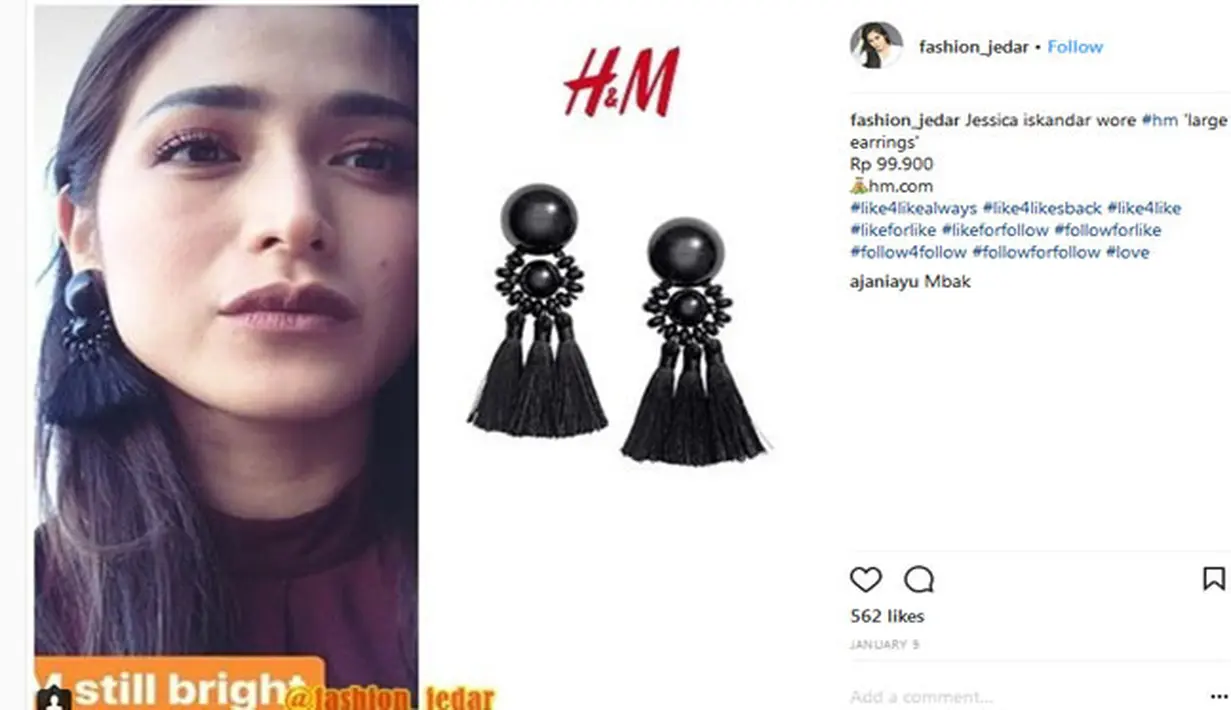 Jika melihat barang-barang koleksi miliki Jessica Iskandar tak selalu memiliki harga yang tinggi. Seperti anting kekinian berwarna hitam yang dipakainya ini yang ternyata memiliki harga Rp.99.900. (Instagram/fashion_jedar)