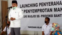 Jusuf Kalla di sela-sela penyerahan simbolis 1.000 alat spraying disinfektan untuk masjid di Provinsi Banten yang dilaksanakan di Masjid Al-Itishom, Pemerintah Kota Tangerang Selatan, Senin (20/7/2020). (Dok Tim Komunikasi Jusuf Kalla/JK)