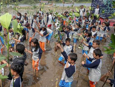 Sejumlah siswa siswi SDN Pluit 03 bersama PLN Jawa Bali dan Komunitas Mangrove menanam bibit mangrove di Pesisir Pantai Muara Karang, Jakarta, Kamis (29/10). Sebanyak 5.000 bibit baru ditanam untuk memperkuat ekosistem. (Liputan6.com/Faizal Fanani)