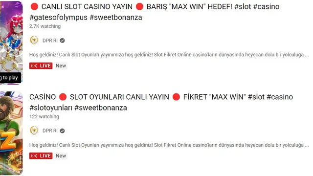 Youtube DPR RI dihack atau dibajak sehingga menampilkan siaran langsung judi online atau game slot.