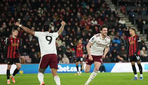 Perayaan gol Declan Rice di laga Bournemouth vs Arsenal di pekan ke-20 Liga Inggris 2025/2026 di Vitality Stadium, Minggu (04/01/2026) dini hari WIB. (AP Photo/Alastair Grant)