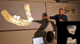Liran Carmel menjelaskan bagian gigi spesies manusia prasejarah Denisovan selama konferensi pers di Universitas Ibrani di Yerusalem (19/9/2019). Denisovans punah sekitar 15.000 tahun yang lalu dan banyak tentang mereka tetap menjadi misteri. (AFP Photo/Menahem Kahana)