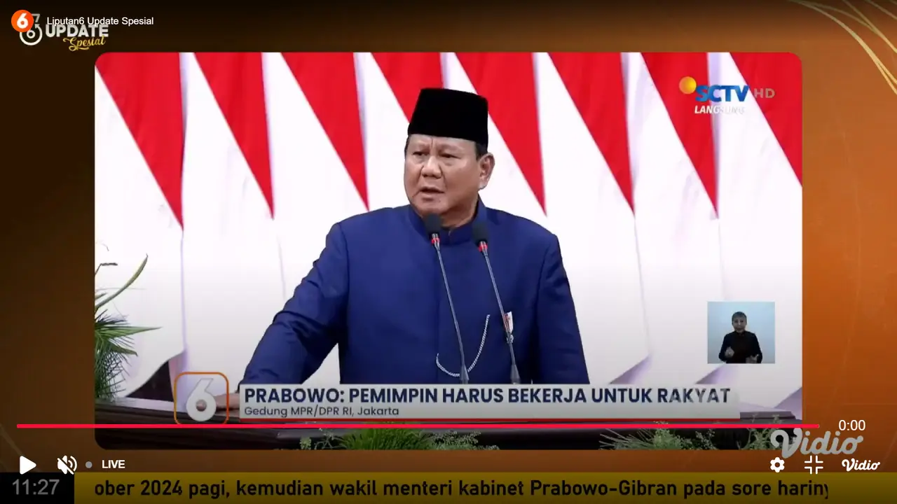 Pidato Presiden Prabowo Subianto saat pelantikan presiden dan wakil presiden, Minggu (20/10/2024). (Foto: tangkapan layar/Agustina)