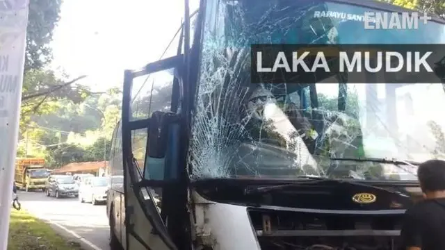 Hilang kendali bus yang membawa rombongan mudik menabrak pohon, beruntung tidak ada korban dalam kecelakaan bus