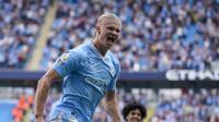 Ekspresi bomber Manchester City, Erling Haaland setelah mencetak gol ke gawang Fulham pada lanjutan pekan ke-4 Liga Inggris 2023/2024 di Etihad Stadium, Manchester, Sabtu (2/9/2023) malam WIB. (AP Photo/Dave Thompson)