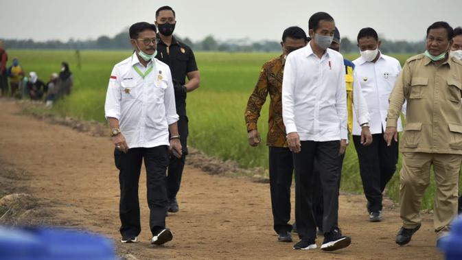 Menteri Pertanian, Syahrul Yasin Limpo (SYL) mendampingi Presiden Joko Widodo meninjau lokasi lahan rawa pengembangan food estate atau lumbung pangan dan saluran primer induk UPT A5 di Kapuas, Kalimantan Tengah.