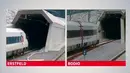 Gambar yang diambil dari video menunjukkan kereta memasuki ujung utara terowongan di Erstfield dan sisi selatan terowongan di Bodio, pada peresmian Gotthard Base Tunnel (GBT), terowongan sepanjang 57 kilometer di Swiss, Rabu (1/6). (REUTERS/SRG/Pool)