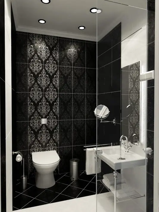 Hitam dan putih ada perpaduan yang elegan. Ditambah dengan detail motif tradisional, kamar mandi Anda akan terlihat anggun. Foto: I Dont Pledge