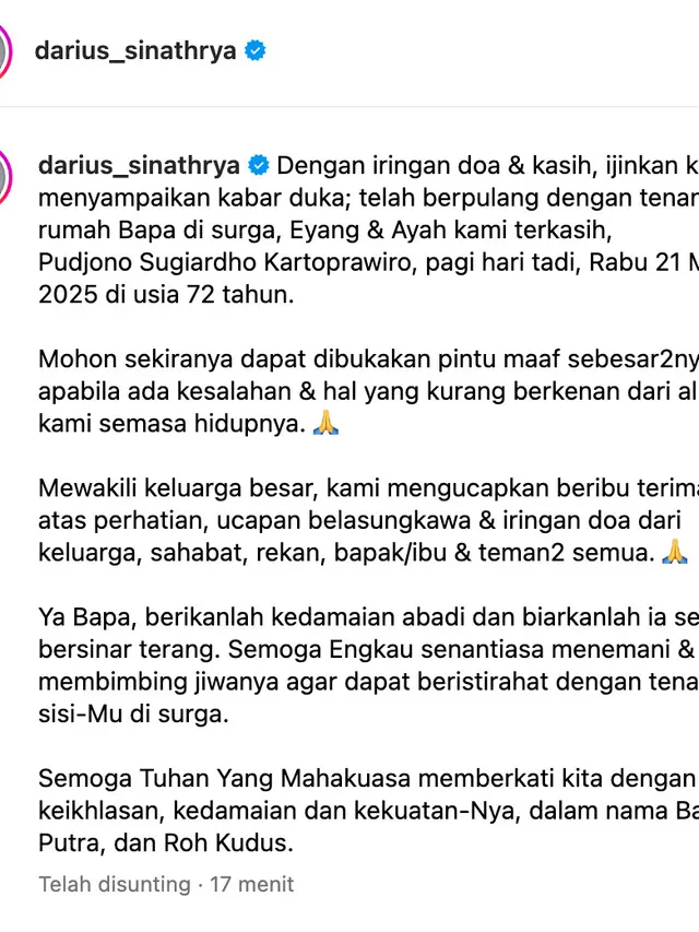Unggahan Darius Sinathrya. (Foto: Dok. Instagram @darius_sinathrya)
