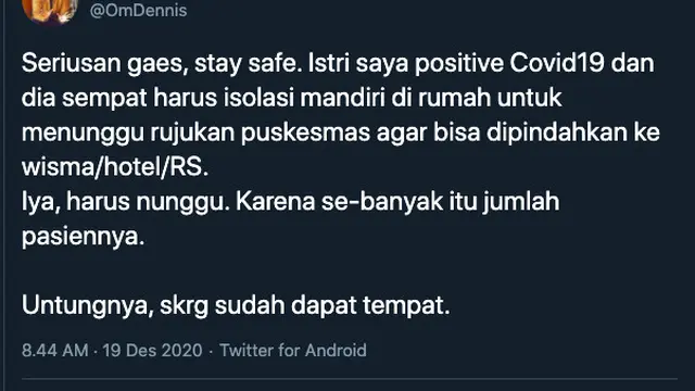 Istri Dennis Adhiswara Positif Covid-19