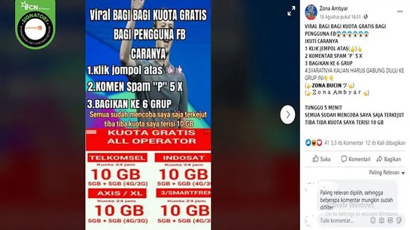 Gambar Tangkapan Layar Kabar Hoaks Tentang Bagi-bagi Kuota di Facebook