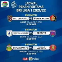 BRI Liga 1 2021/22 segera bergulir, saksikan laga perdana di hari Jumat, 27 Agustus 2021 pukul 18.00 WIB LIVE eksklusif di Indosiar, O'Channel, Vidio dan Nex Parabola.