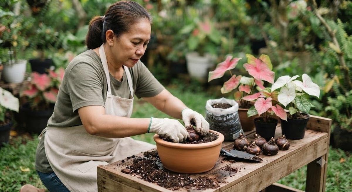 Pilih Umbi Caladium yang Sehat (AI Generated)