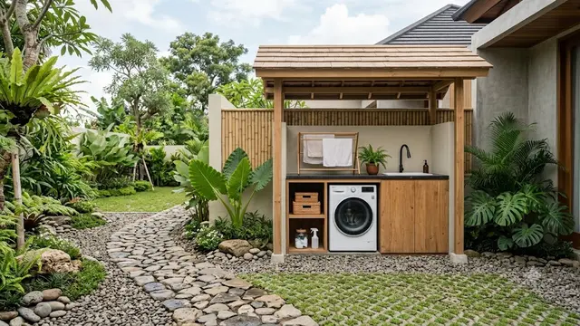 Tempat Cuci dengan Lantai Batu Kerikil dan Grass Block