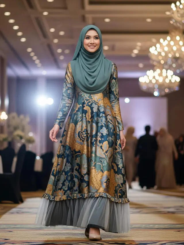 Model Gamis Batik Modern dengan Ruffle Minimalis di Bagian Hem