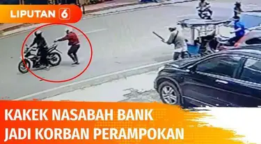 Aksi perampokan terhadap kakek, nasabah sebuah bank swasta di Makassar terekam kamera pengawas. Setelah mengambil uang dari bank, pelaku menggasak uang jutaan rupiah dalam kantong plastik. Satpam yang mencoba menangkap pelaku, ditusuk senjata tajam.