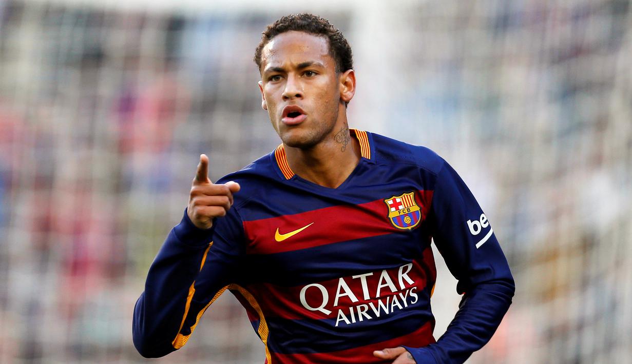 Ekspresi Neymar setelah mencetak gol ke gawang Real Sociedad dalam lanjutan La Liga Spanyol di Stadion Camp Nou, Barcelona, Sabtu (28/11/2015). (EPA/Alejandro Garcia)